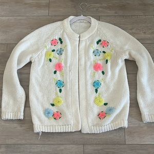 Miss Holly Vintage Embroidered Cardigan Knit Floral Colorful White LARGE 70s 80s